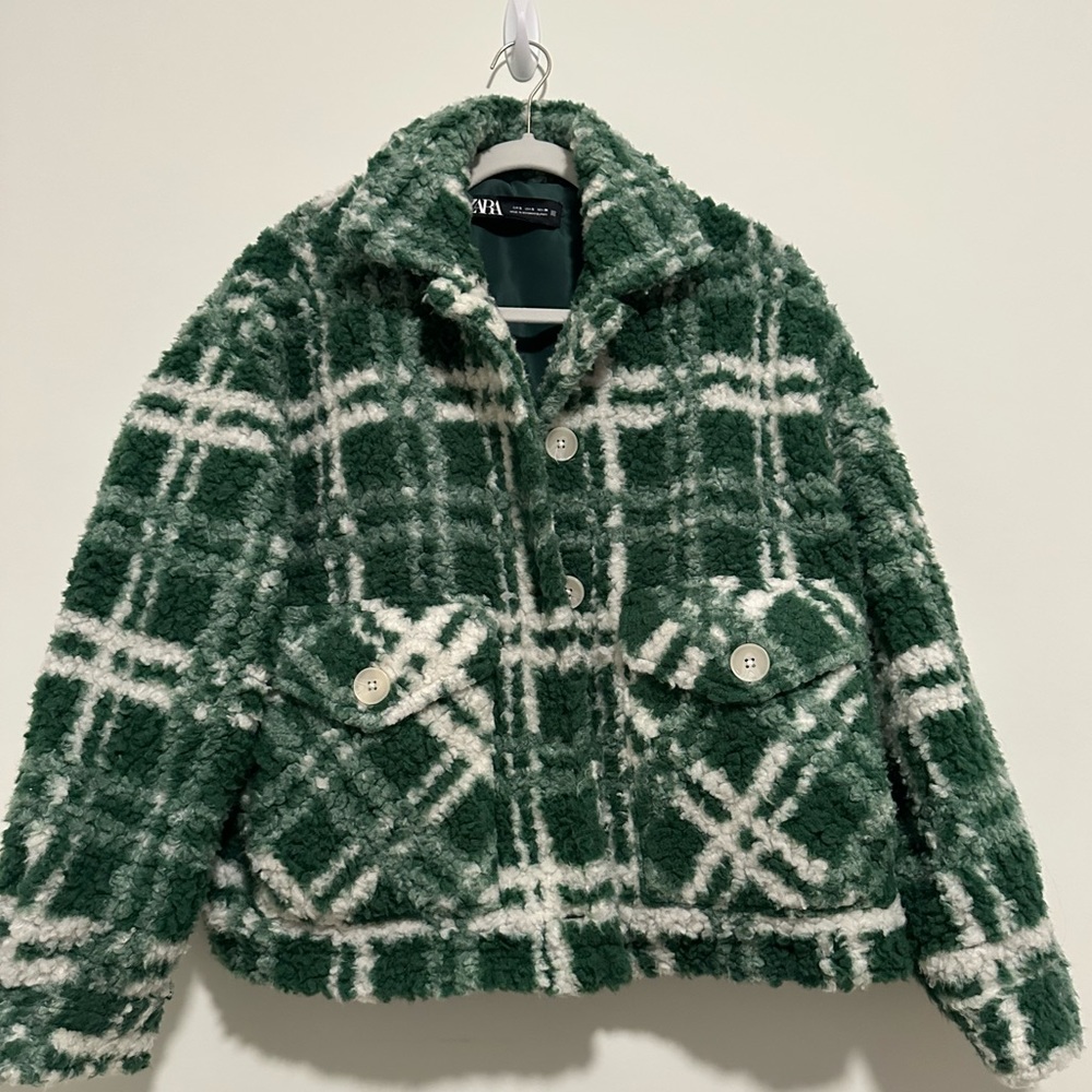 ZARA Green and White Teddy Plaid Jacket
